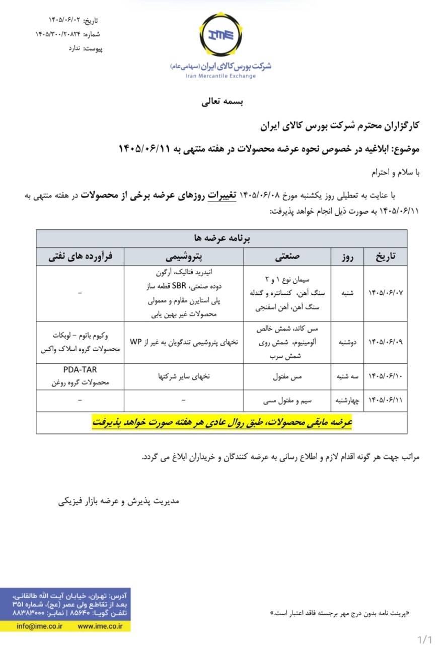 ابلاغیه نحوه عرضه محصولات در هفته منتهی به 11 شهریور