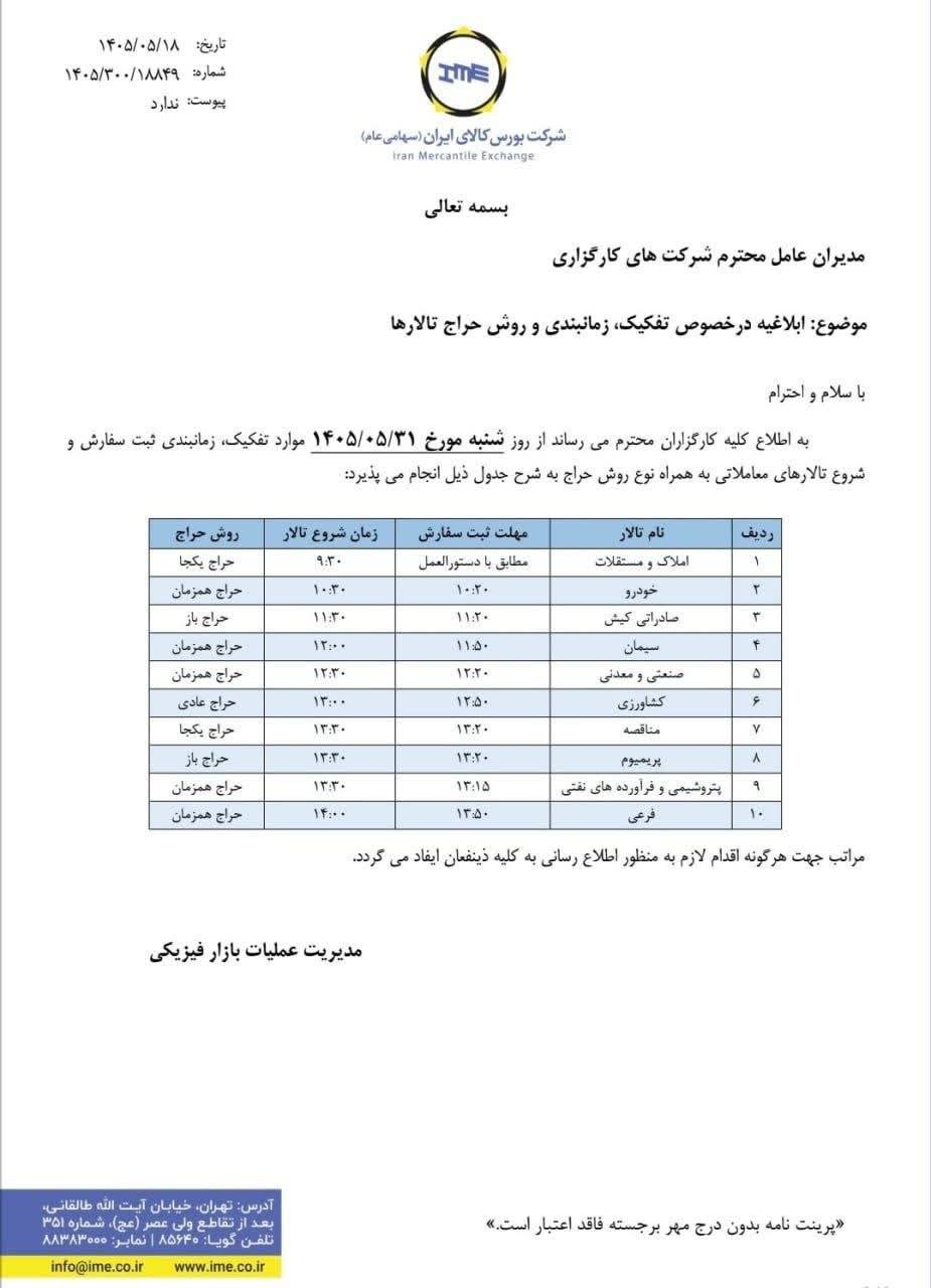 ابلاغیه در خصوص زمانبندی حراج تالار های بورس کالا